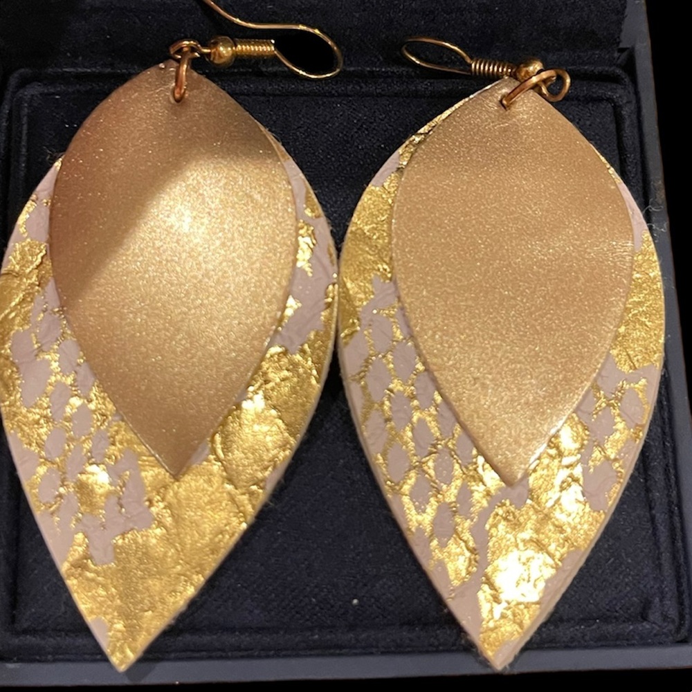 New double teardrop gold and cream earrings faux leather earrings